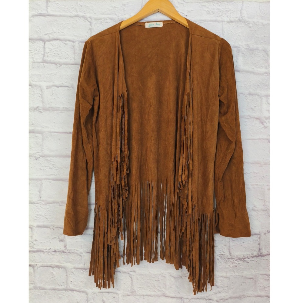 Grace & Lace Faux Suede Fringe Cardigan Brown Small Soft Festival WesternFall